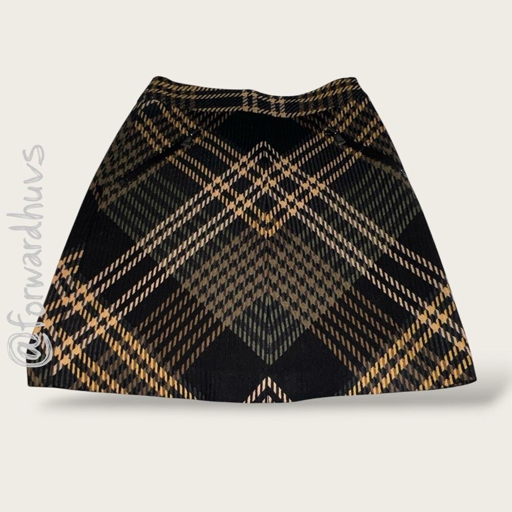Etcetera Plaid Wool Blend Mini Skirt Brown Black Zip Pocket Size 0 EUC